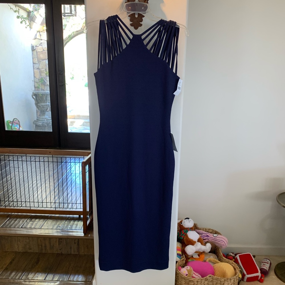 Dress the Population navy slim fitted straps neckline/back knit mid-length NWT